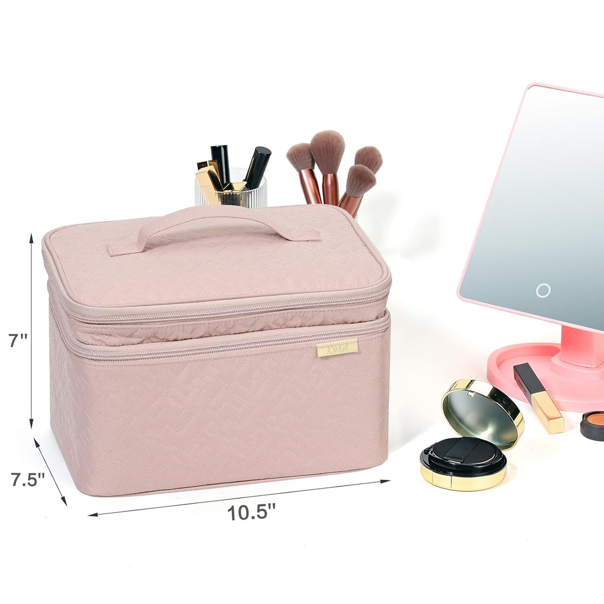 Extra Large Double Layer Travel Makeup Bag Women, Cosmetic Organizer Case, Essentials Accessories with Shoulder Strap for Bottles, Brushes, Conditioner, Skin Care Products, Pink
