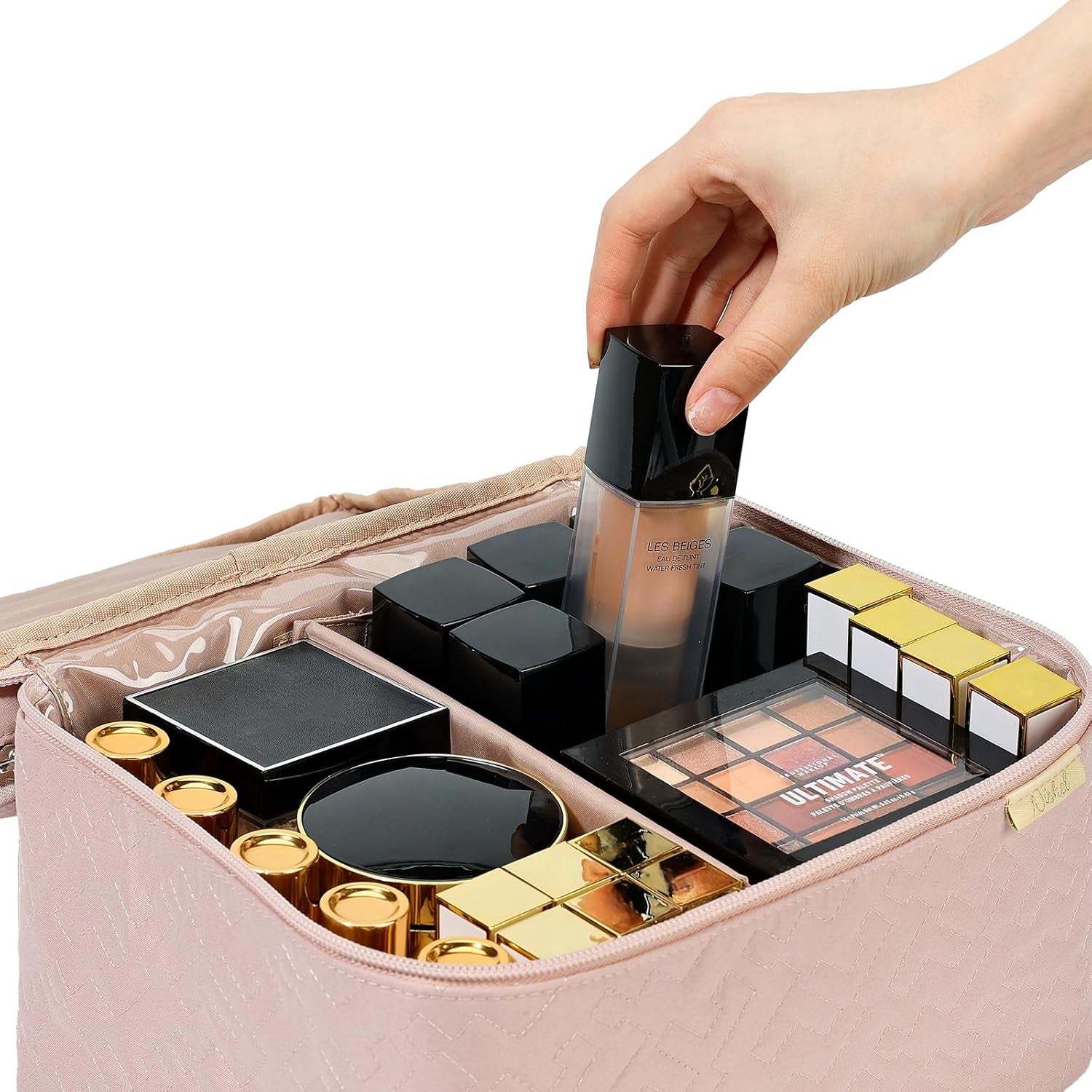 Extra Large Double Layer Travel Makeup Bag Women, Cosmetic Organizer Case, Essentials Accessories with Shoulder Strap for Bottles, Brushes, Conditioner, Skin Care Products, Pink