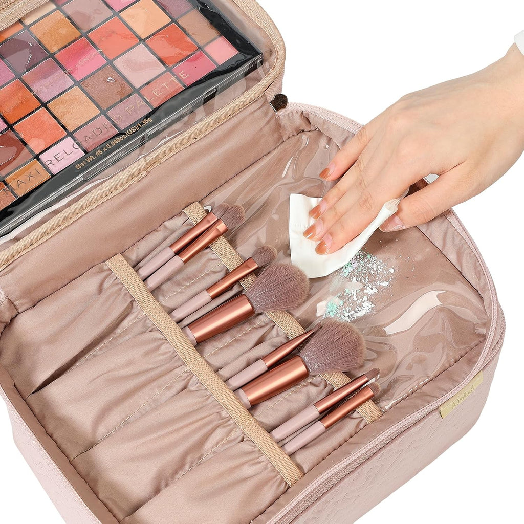 Extra Large Double Layer Travel Makeup Bag Women, Cosmetic Organizer Case, Essentials Accessories with Shoulder Strap for Bottles, Brushes, Conditioner, Skin Care Products, Pink