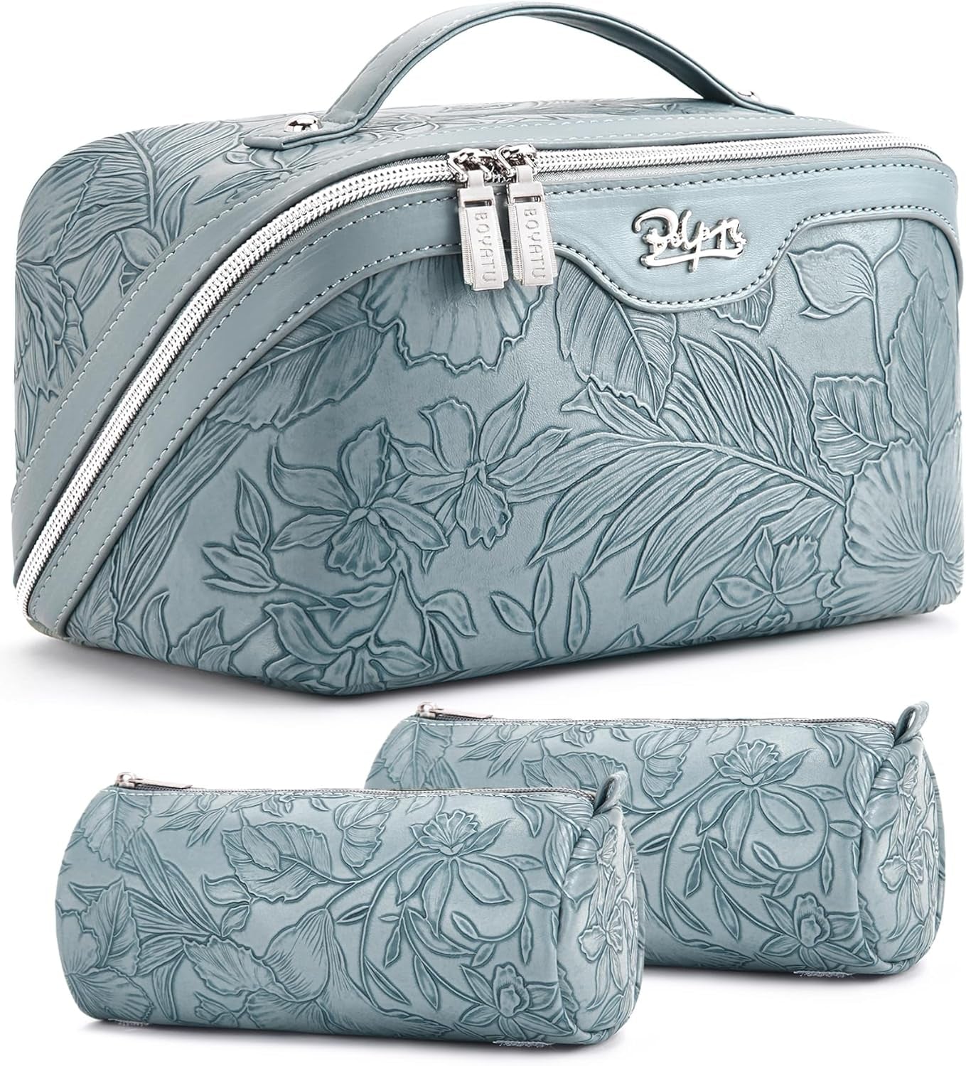 Travel Makeup Bags Cosmetic Organizer Bag: 3-Set Large Capacity Make up Bag - PU Leather Toiletry Bag for Women - Wide Open Portable Pouch with Divider & Handle (01-Light Blue)