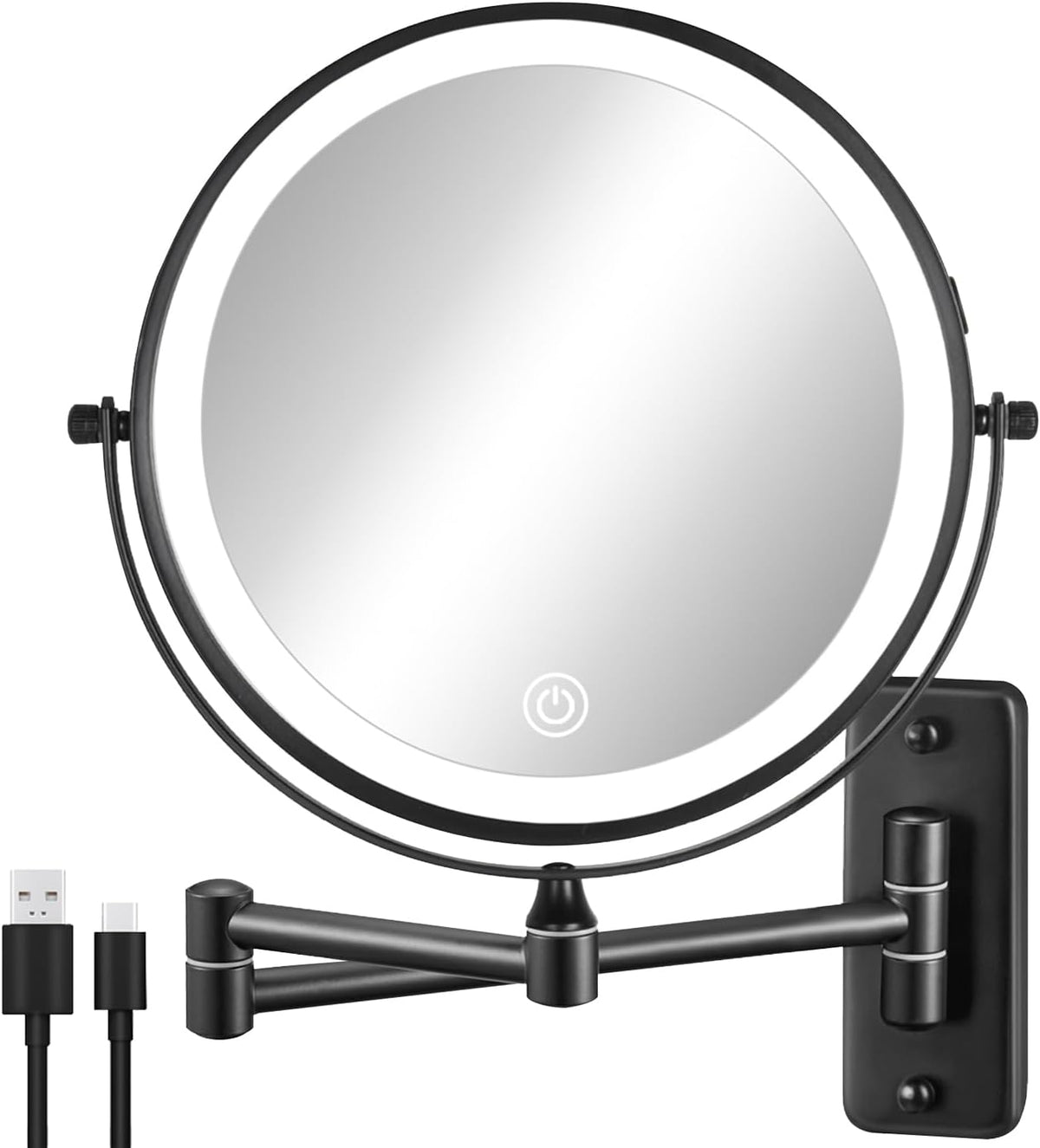 Rechargeable Wall Mounted Lighted Makeup Mirror, 8 Inch 10X Magnifying Mirror with 3 Color Lights, Dimmable Touch Screen Makeup Mirror with Lights for Bathroom, Black