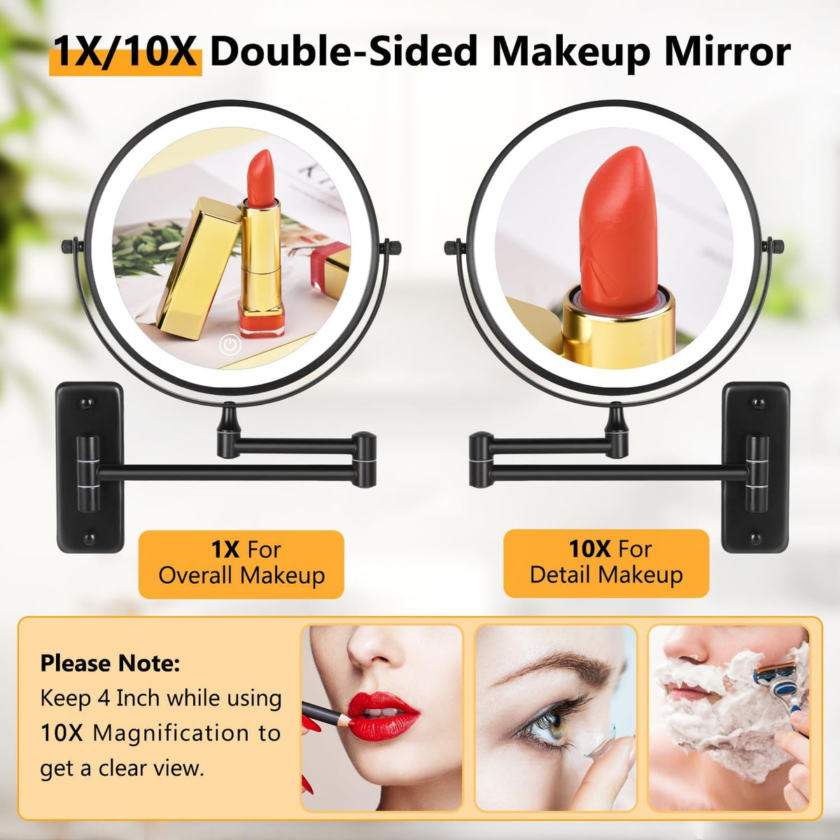 Rechargeable Wall Mounted Lighted Makeup Mirror, 8 Inch 10X Magnifying Mirror with 3 Color Lights, Dimmable Touch Screen Makeup Mirror with Lights for Bathroom, Black