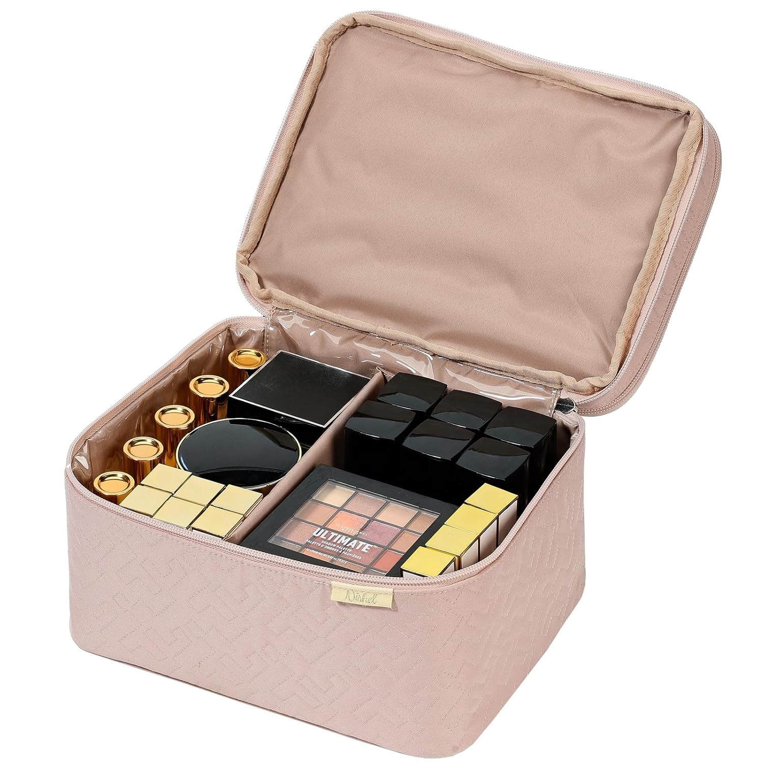 Extra Large Double Layer Travel Makeup Bag Women, Cosmetic Organizer Case, Essentials Accessories with Shoulder Strap for Bottles, Brushes, Conditioner, Skin Care Products, Pink