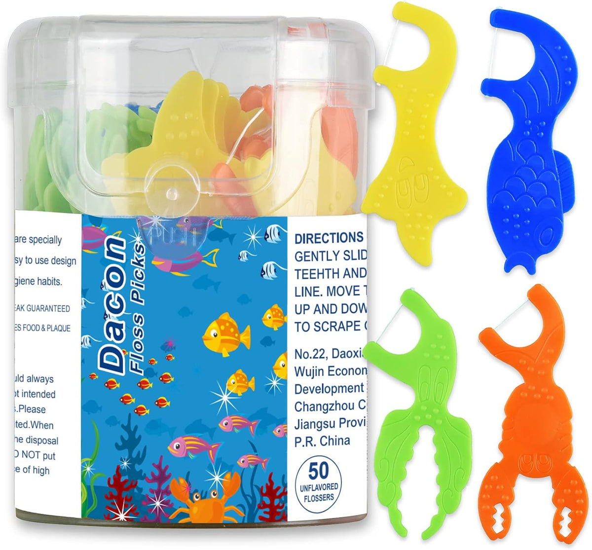 Kids Flossers, Kids Dental Floss Picks without Fluoride, Unflavored, 4 Colors Ocean Animals Shaped Makes Flossing Fun, 50 Count