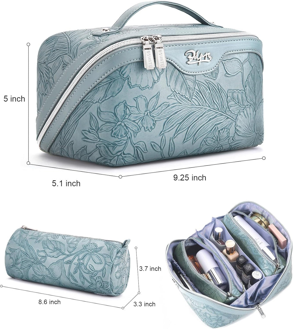 Travel Makeup Bags Cosmetic Organizer Bag: 3-Set Large Capacity Make up Bag - PU Leather Toiletry Bag for Women - Wide Open Portable Pouch with Divider & Handle (01-Light Blue)