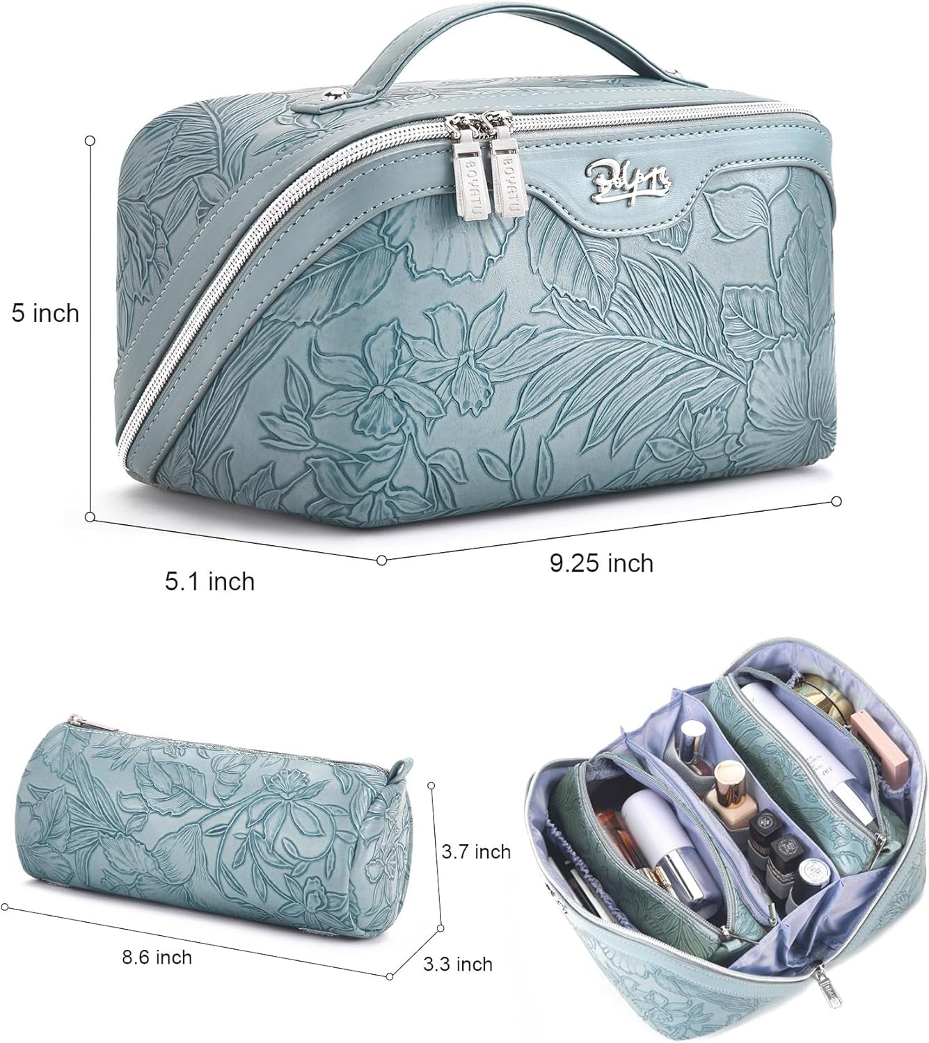 Travel Makeup Bags Cosmetic Organizer Bag: 3-Set Large Capacity Make up Bag - PU Leather Toiletry Bag for Women - Wide Open Portable Pouch with Divider & Handle (01-Light Blue)