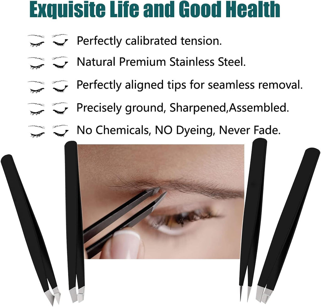 [4+1 Pieces] Tweezers Set with Travel Case, Great Precision Upgrade Professional Anti-Rust Alloy Tweezers for Women & Men, Multi-Purpose as Eyebrows Facial Hair Ingrown Hair Removal