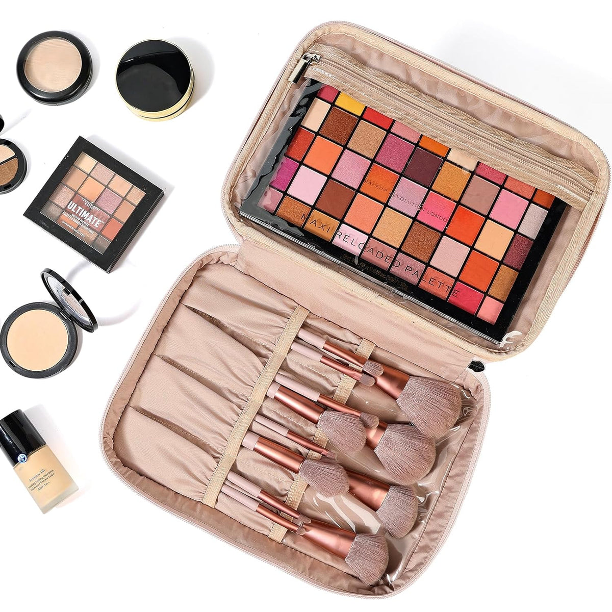 Extra Large Double Layer Travel Makeup Bag Women, Cosmetic Organizer Case, Essentials Accessories with Shoulder Strap for Bottles, Brushes, Conditioner, Skin Care Products, Pink