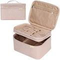 Extra Large Double Layer Travel Makeup Bag Women, Cosmetic Organizer Case, Essentials Accessories with Shoulder Strap for Bottles, Brushes, Conditioner, Skin Care Products, Pink
