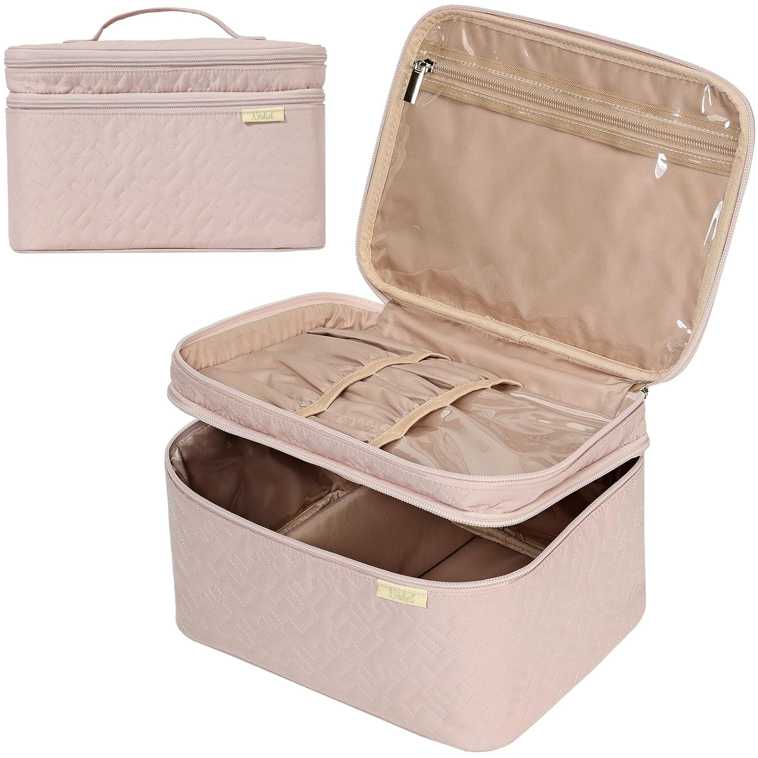 Extra Large Double Layer Travel Makeup Bag Women, Cosmetic Organizer Case, Essentials Accessories with Shoulder Strap for Bottles, Brushes, Conditioner, Skin Care Products, Pink