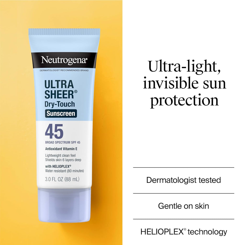 Neutrogena Ultra Sheer Dry-Touch Water Resistant and Non-Greasy Sunscreen Lotion with Broad Spectrum SPF 45, Tsa-Compliant Travel Size, 3 Fl Oz, Pack of 2, 6 Fl Oz