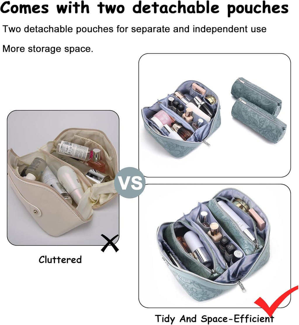 Travel Makeup Bags Cosmetic Organizer Bag: 3-Set Large Capacity Make up Bag - PU Leather Toiletry Bag for Women - Wide Open Portable Pouch with Divider & Handle (01-Light Blue)