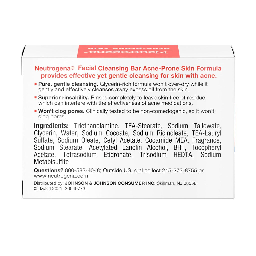 Neutrogena Facial Cleansing Bar for Acne-Prone Skin, Gentle Non-Medicated Daily Cleanser, Non-Comedogenic Transparent Soap with Glycerin, No Dyes or Detergents, 3.5 Oz