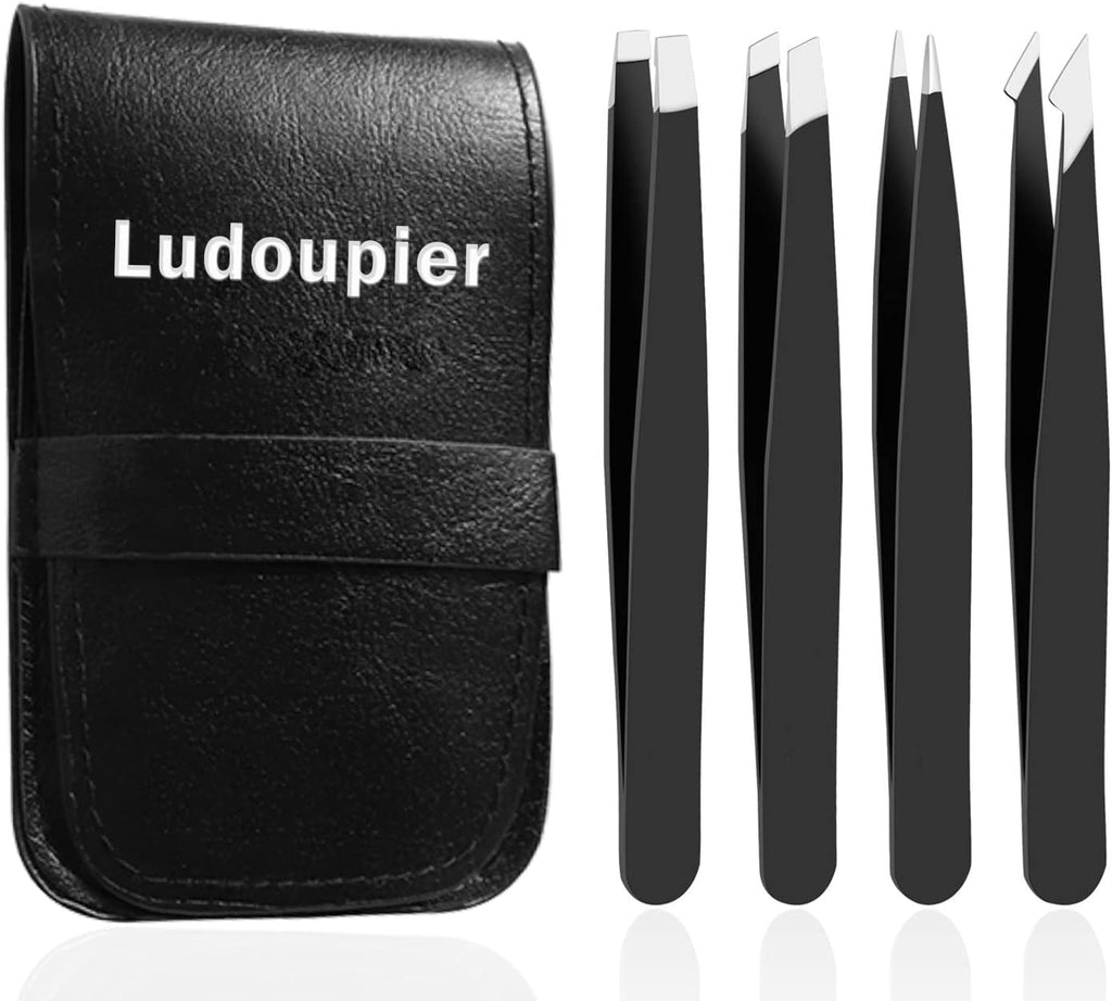 [4+1 Pieces] Tweezers Set with Travel Case, Great Precision Upgrade Professional Anti-Rust Alloy Tweezers for Women & Men, Multi-Purpose as Eyebrows Facial Hair Ingrown Hair Removal